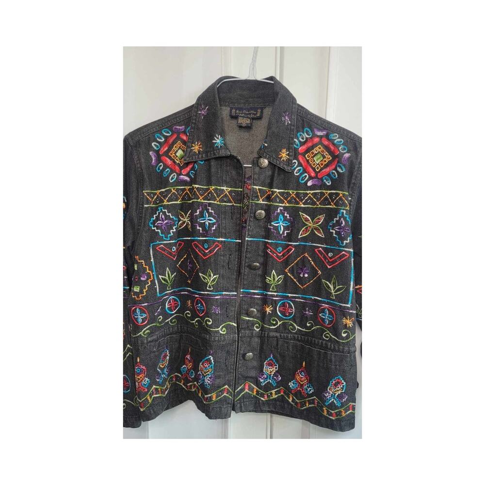 New Directions Vintage Embroidered/Beaded Black Denim Jacket 100% Cotton, Small